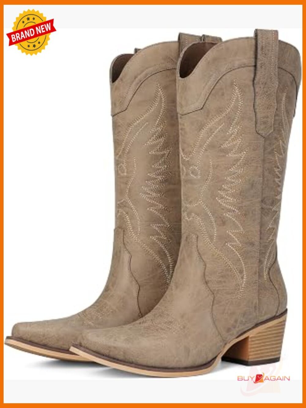 Western Cowgirl Boots with Chunky Heel - Pointed Toe Mid Calf Boots